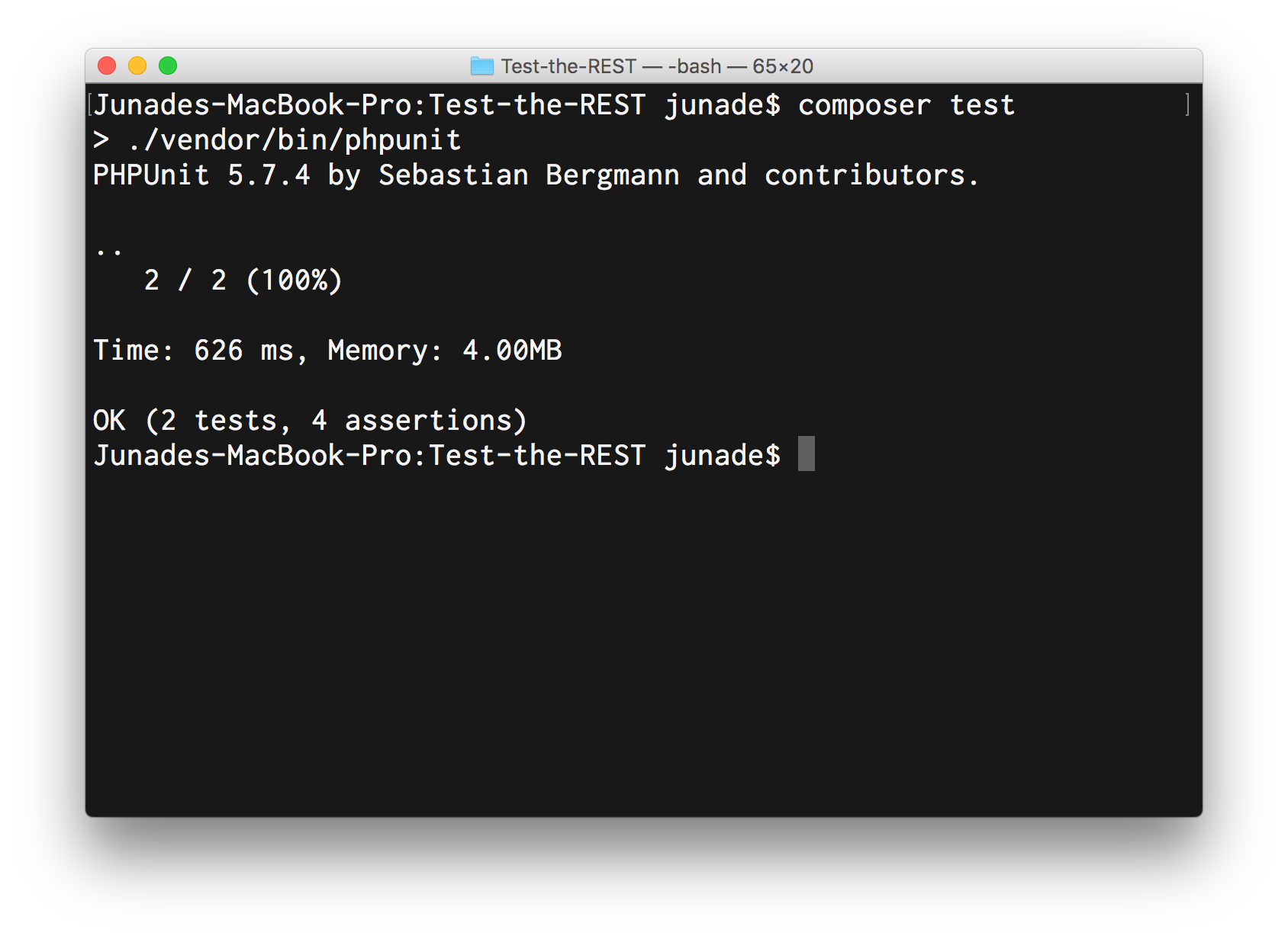 Running composer test, terminal indicating that 2 tests have been run with 4 assertions
