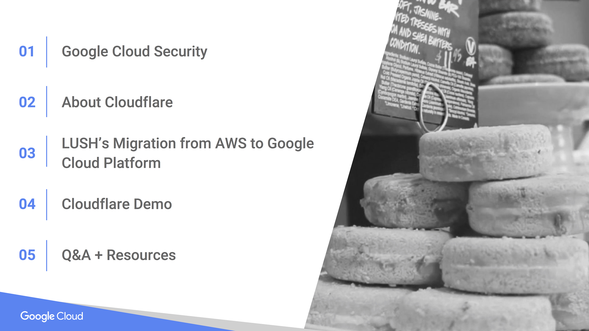 Today we re going to talk about LUSH s migration to Google Cloud and how Cloudflare one of our top security and performance partners can help you with