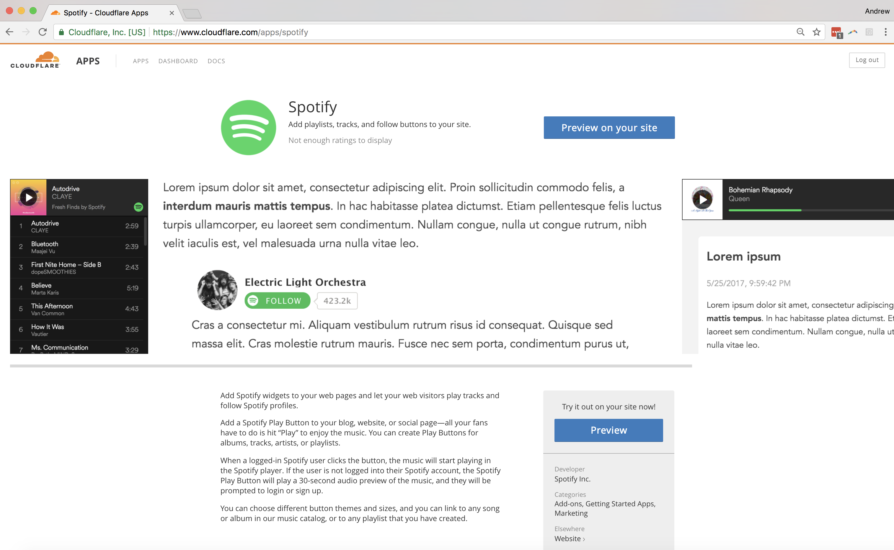 Spotify app description page in Cloudflare Apps