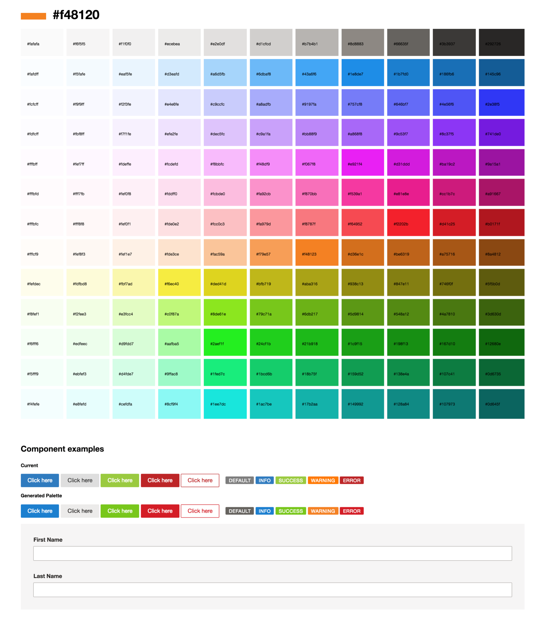 Generated palette above a set of components previewing the old and new palette for comparison
