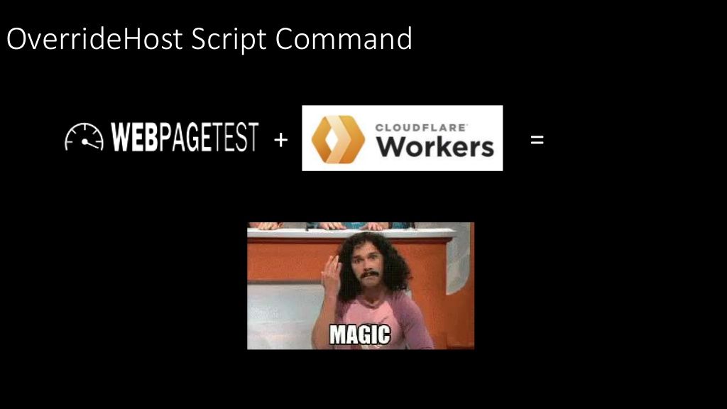 With the OverrideHost script command WebPageTest + Cloudflare Workers = magic