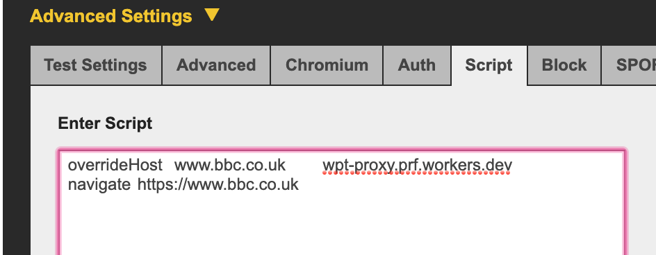 Override the bbc.co.uk domain to wpt-proxy.prf.workers.dev