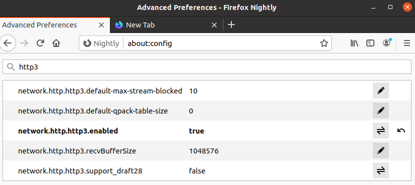 about:config can be filtered by using a search term like "http3"
