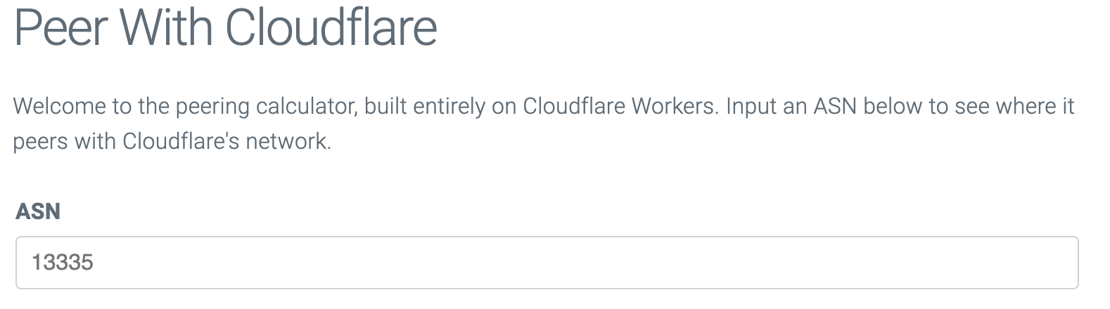 The Peer With Cloudflare application, hosted on peering.rad.workers.dev