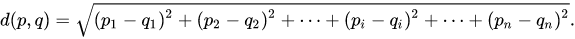 The Euclidean distance equation used by the algorithm is standard