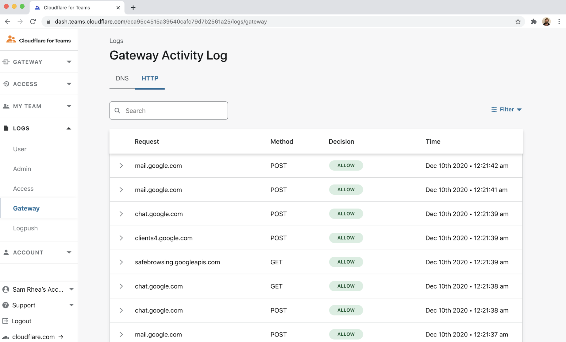 In addition to filtering, Cloudflare Gateway also logs every request and connection made from a device. With Gateway running, your organization can audit how employees use SaaS applications like Salesforce, Office 365, and Workday.