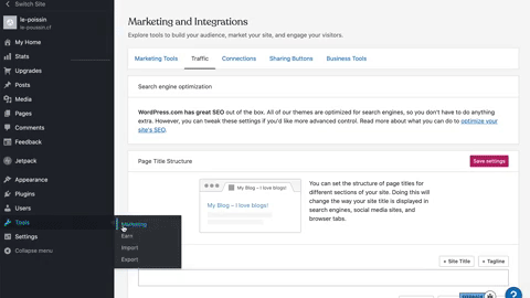 Figure 1) Cloudflare Web Analytics tracking code integrated in the WordPress.com dashboard