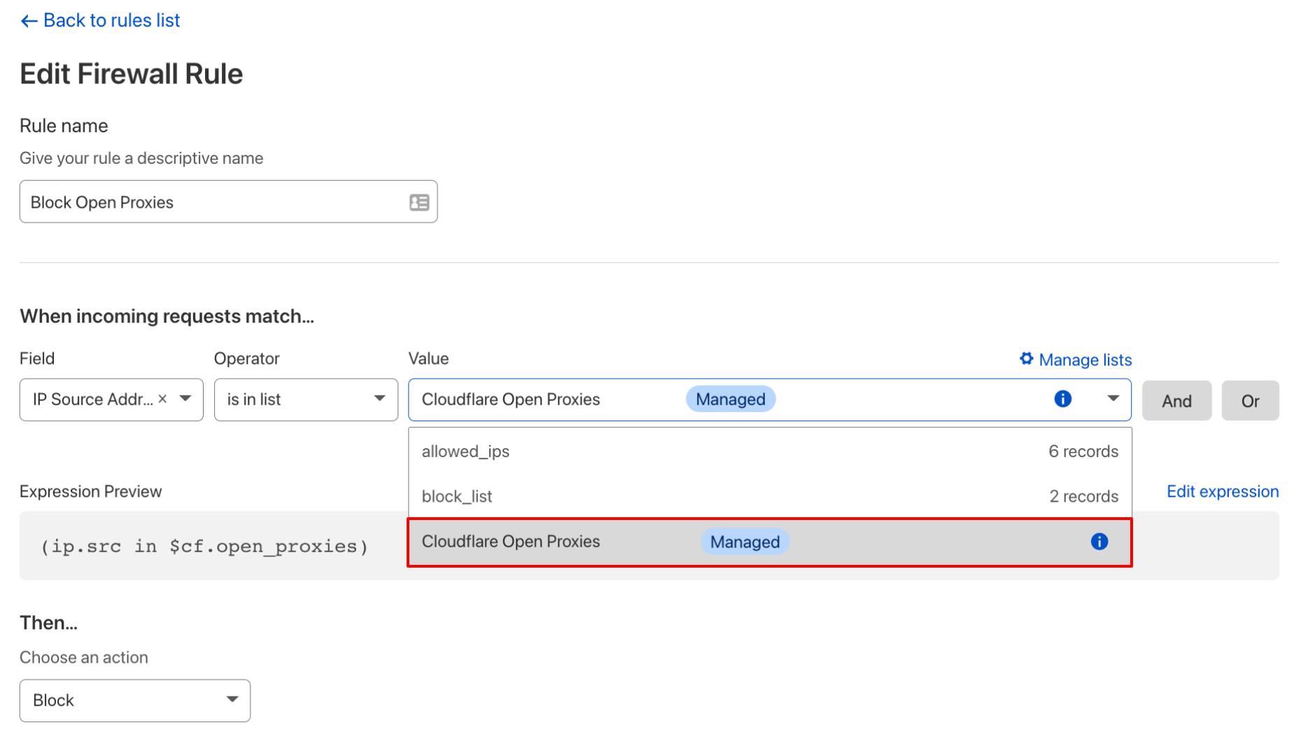 Daftar terkelola Proxy Terbuka Cloudflare dapat digunakan langsung pada alat pembuat aturan Firewall.