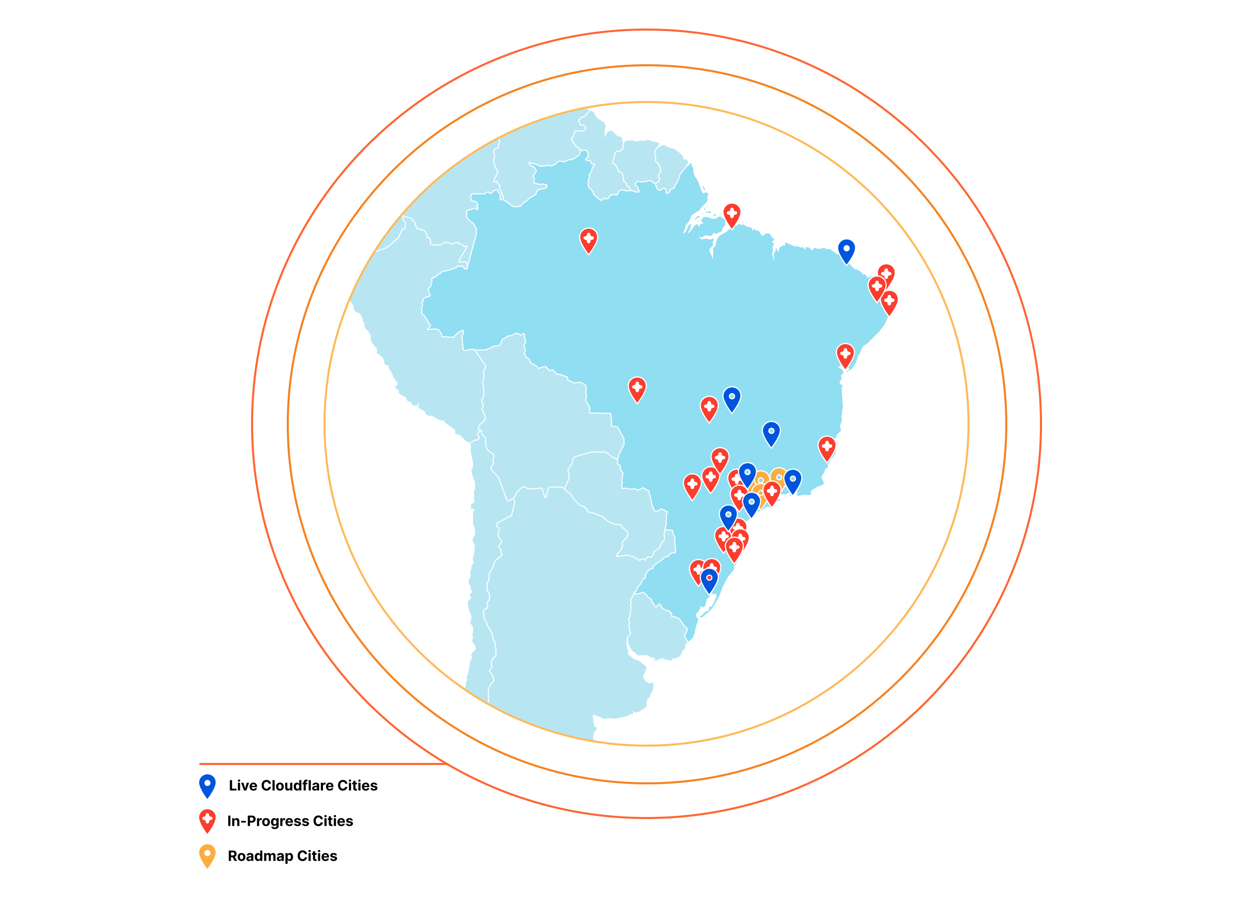 A map of Cloudflare's Brazil presences, present and future.