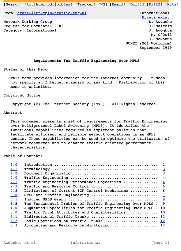 IETF RFC 2702 (Requirements for Traffic Engineering Over MPLS)