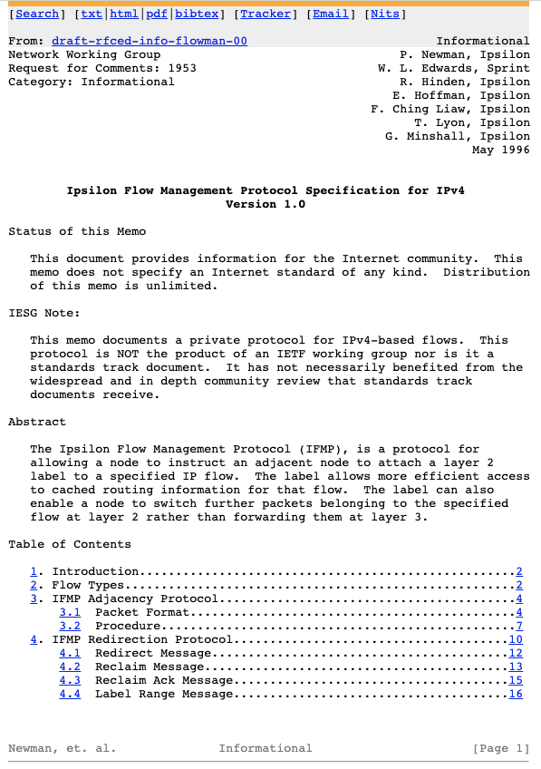 Ascend/Cascade products and software implementing IETF RFC 1953 (Ipsilon Flow Management Protocol Specification for IPv4)