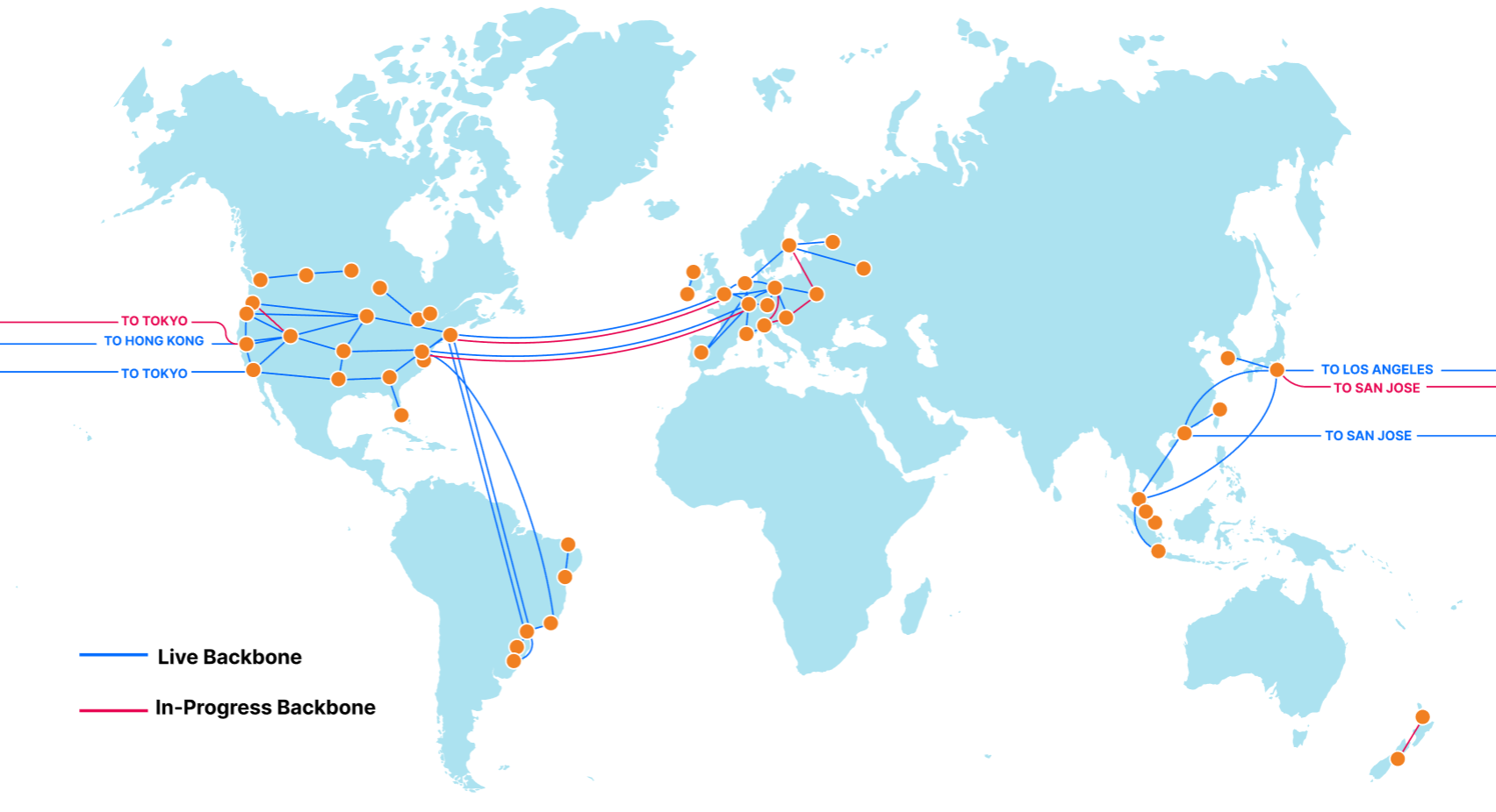A map of Cloudflare’s global long-haul fiber backbone.