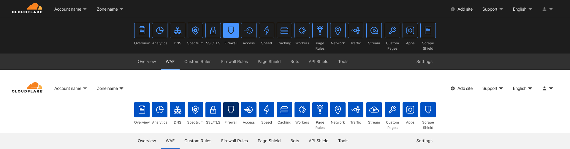 Side by side comparison of the navbar in light and dark modes