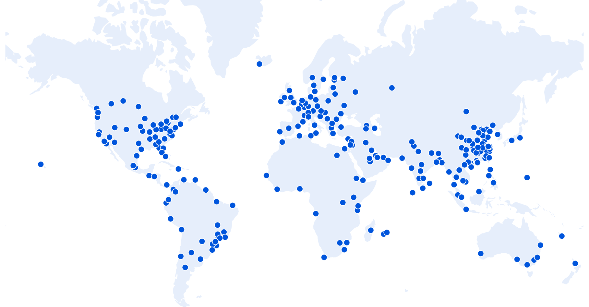 A map of the world highlighting all 250+ cities in which Cloudflare is deployed.
