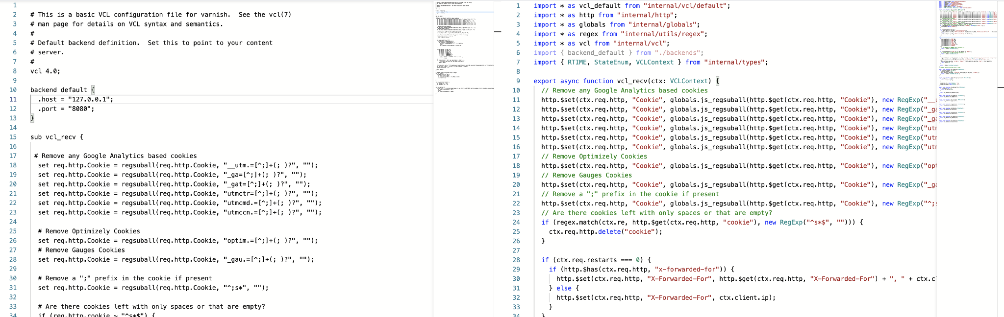 Sample VCL on the left and Turpentine’s output TypeScript on the right