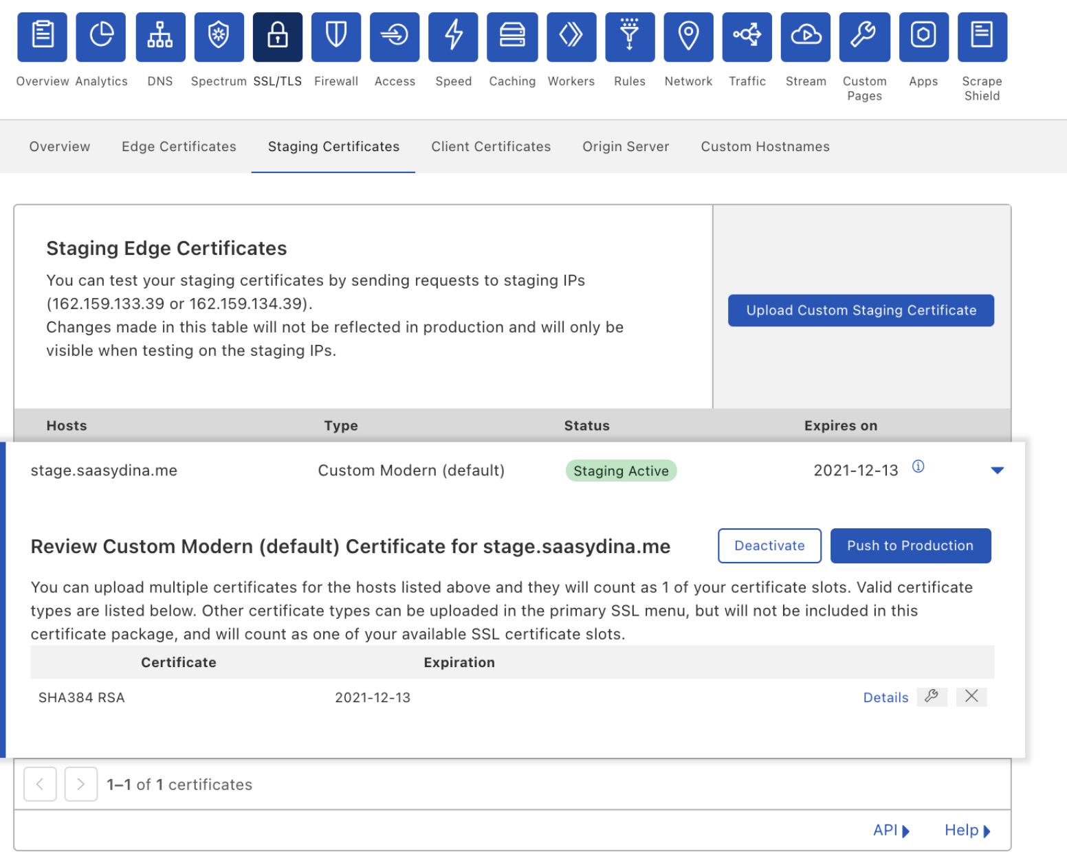 The staging certificates dashboard UI