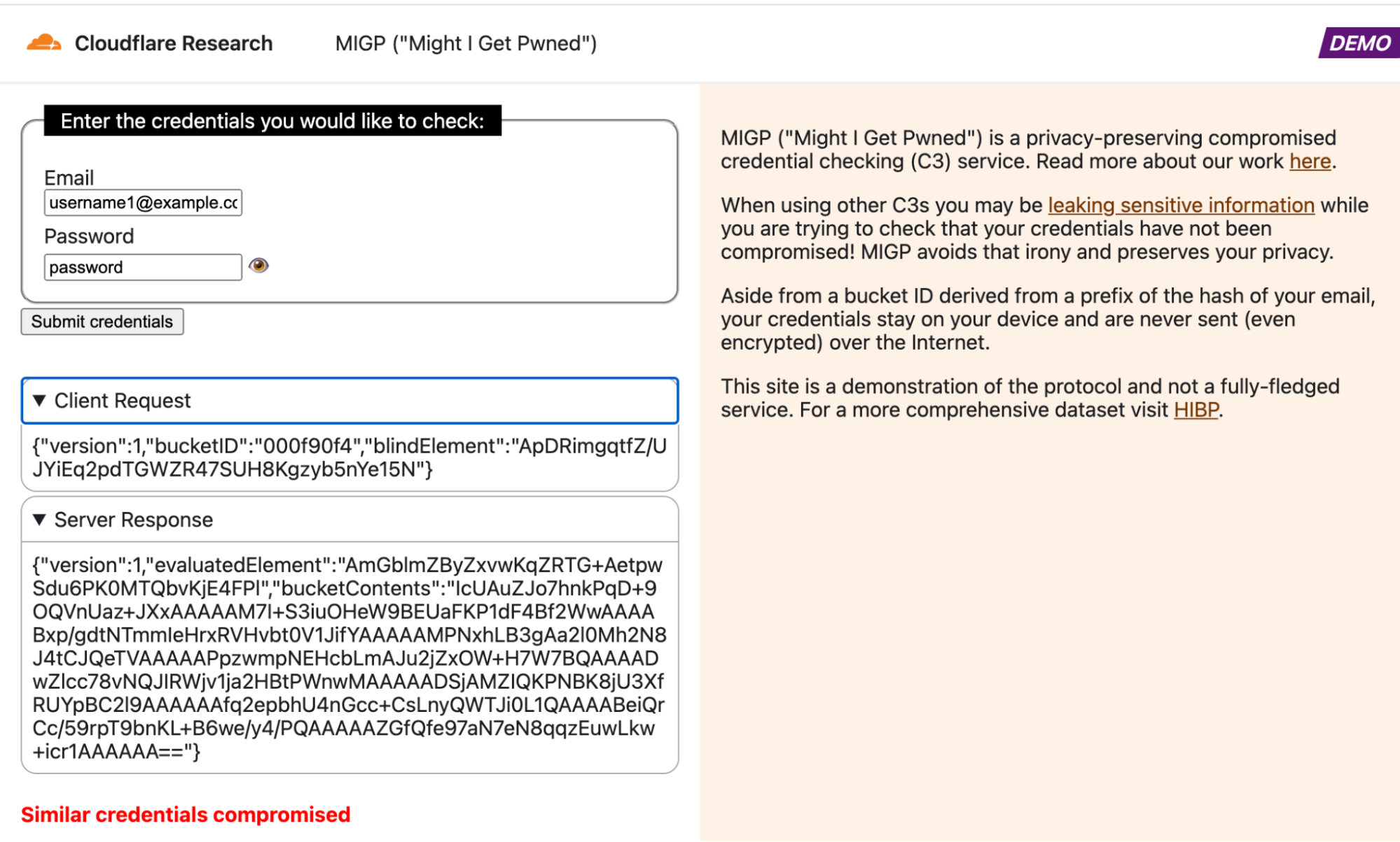 Example query in which similar credentials were exposed in the breach dataset
