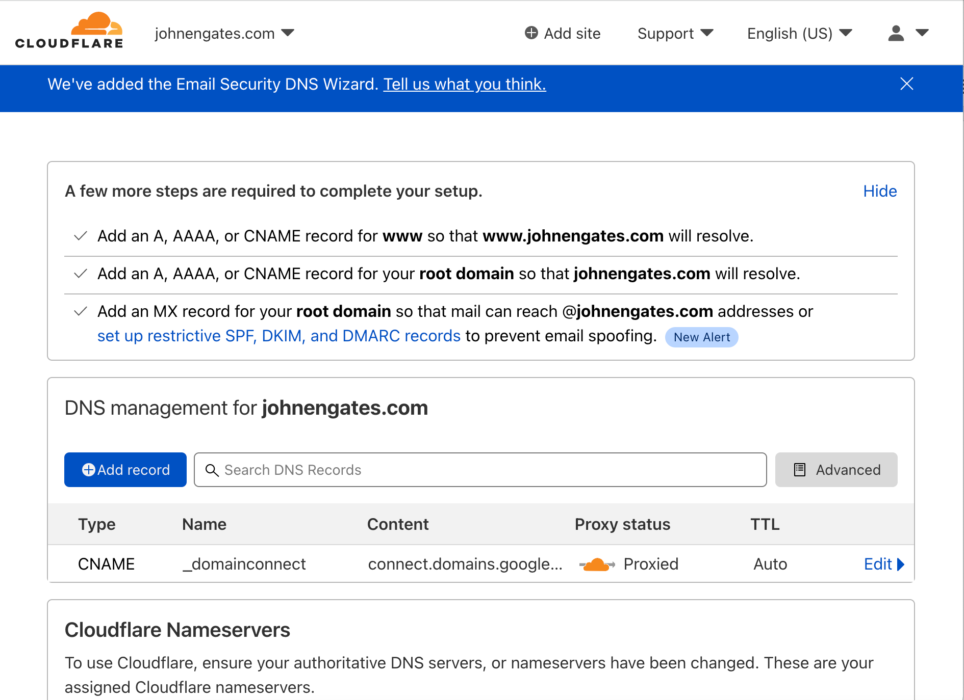 screenshot depicting Cloudflare DNS dashboard panel