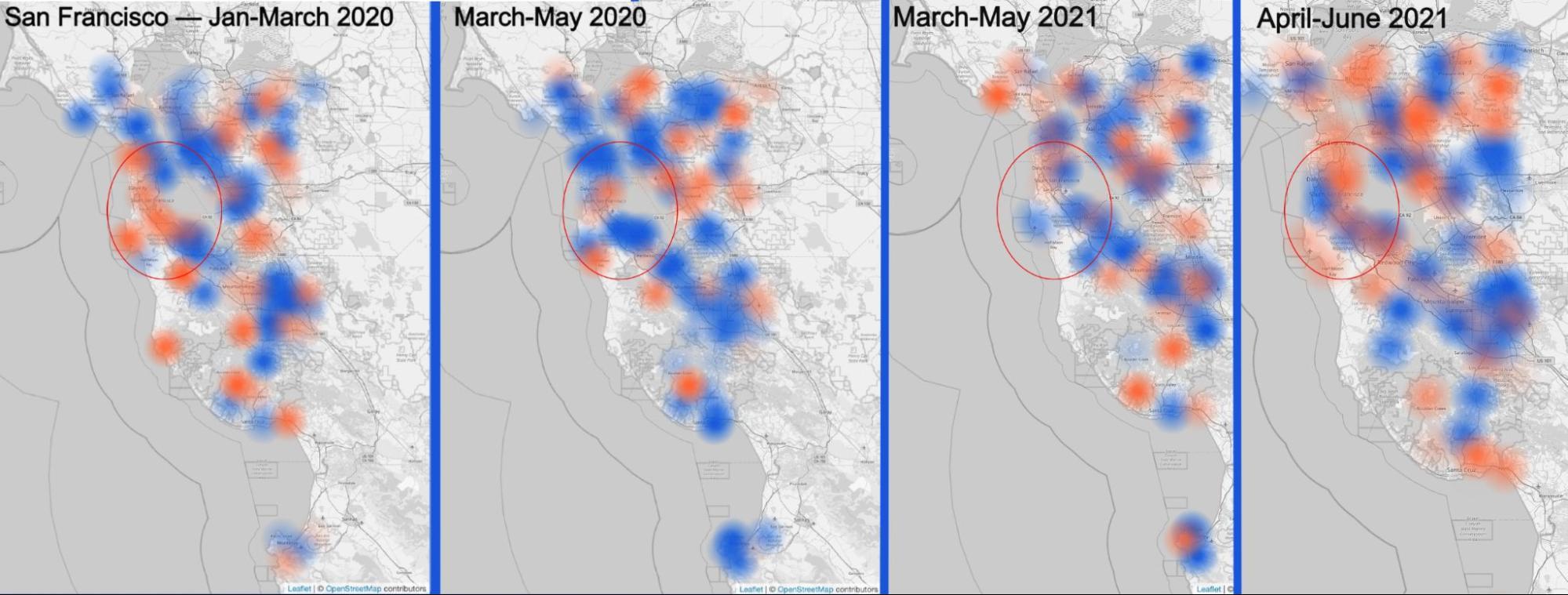 Les cercles rouges représentent San Francisco et ses environs (une région dans laquelle de nombreuses entreprises ont leur siège) sur une carte qui compare l'utilisation d'Internet un jour de semaine aux heures de bureau, pendant une période de deux mois.