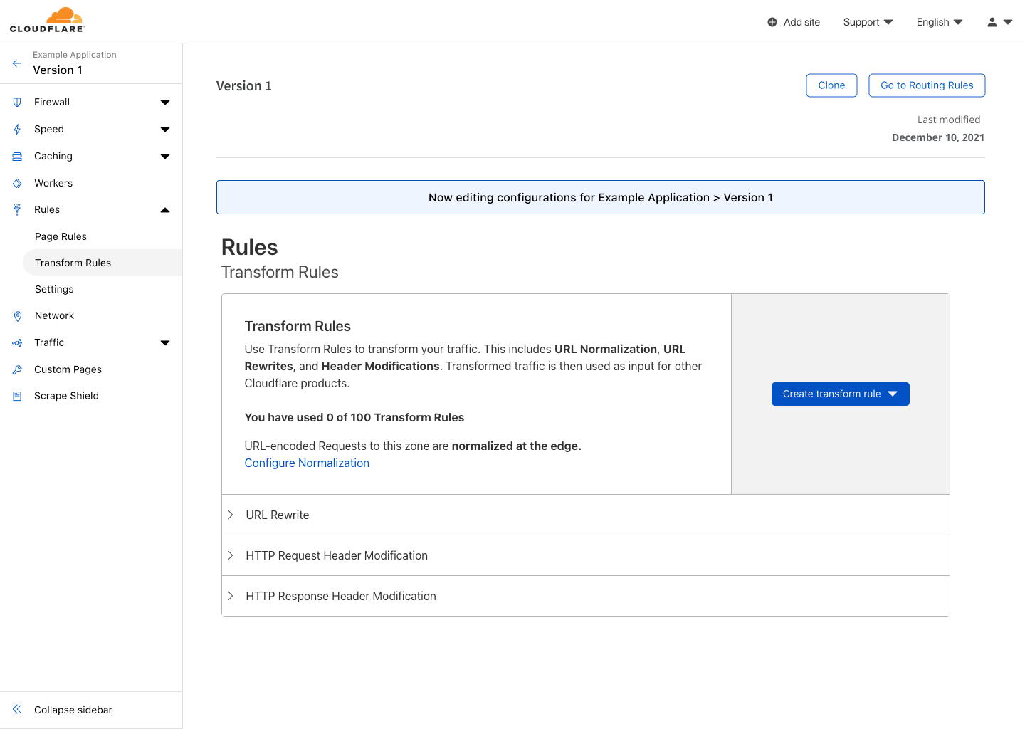 Transform rules of Version 1 showing a new rule named “Rewrite Assets” has been created.