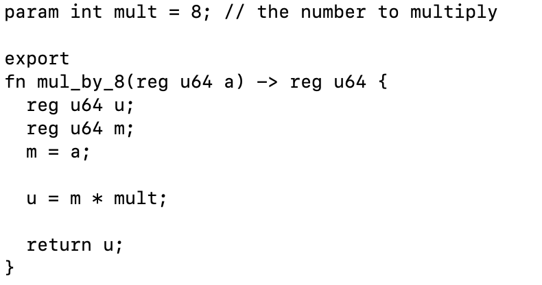 Code showing a multiplication function written in Jasmin.