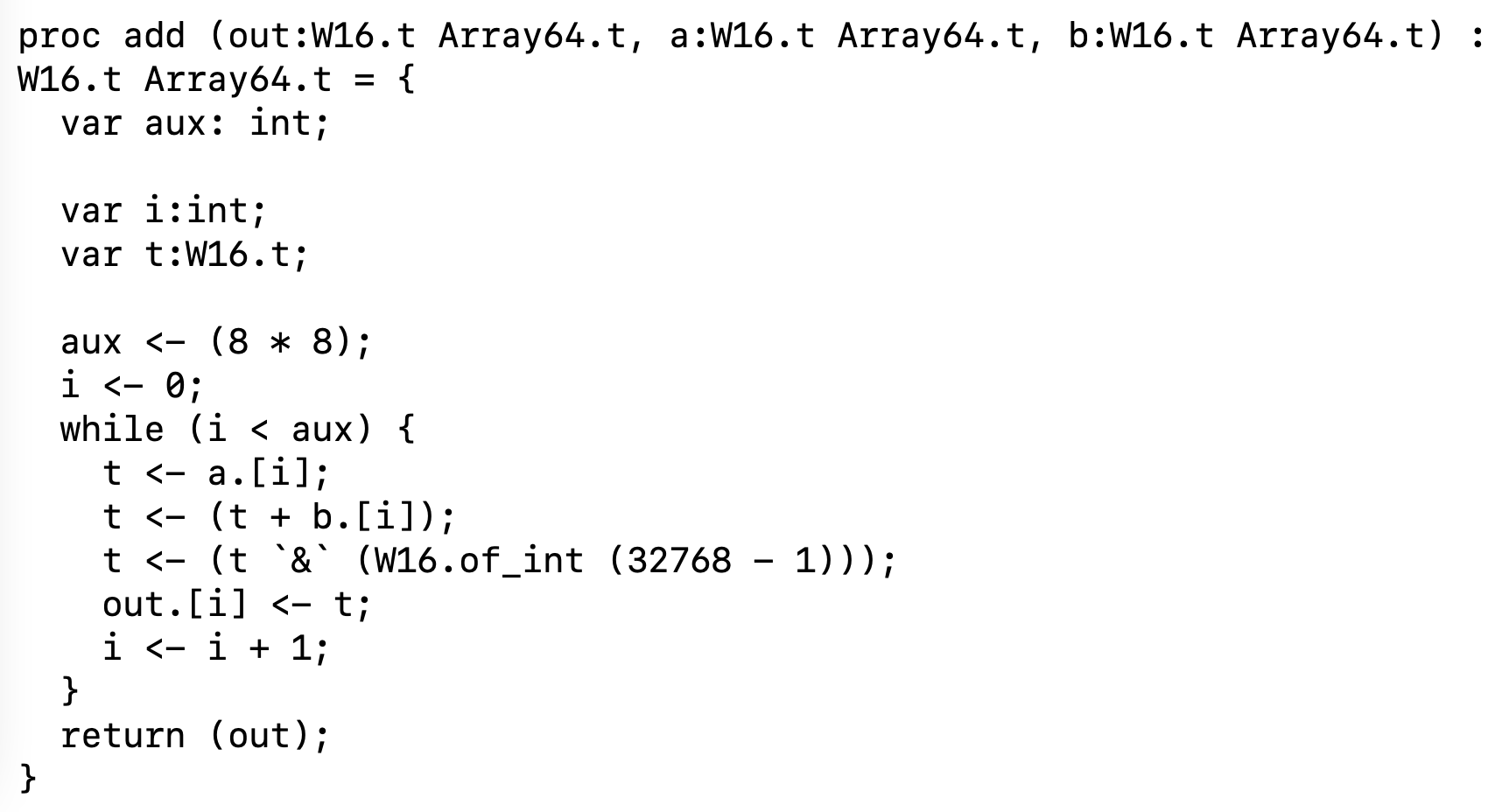 Code showing the addition function as extracted to EasyCrypt.