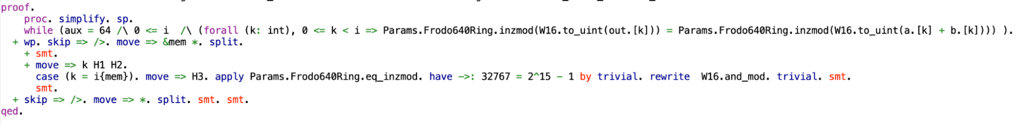 Code showing the proof of the addition function as extracted to EasyCrypt.