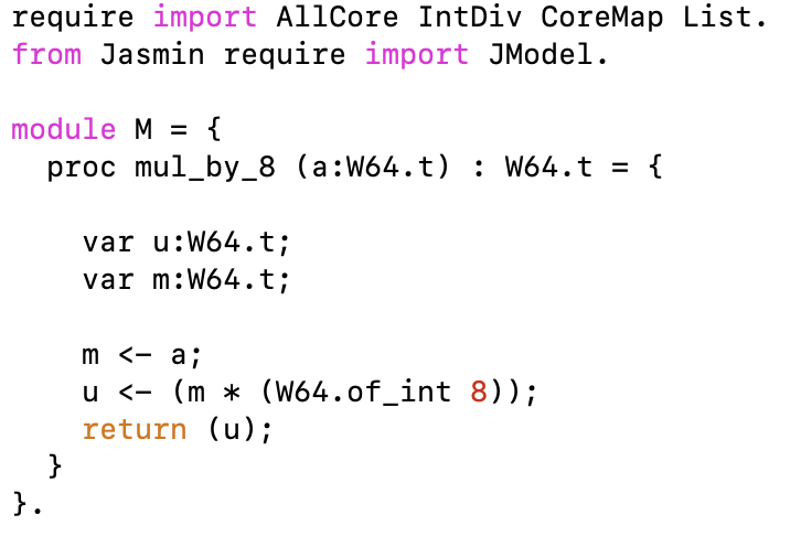 Code showing a multiplication function written in Jasmin and extracted to EasyCrypt.