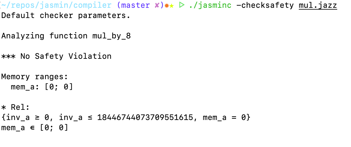 Code showing a multiplication function written and checked in Jasmin.