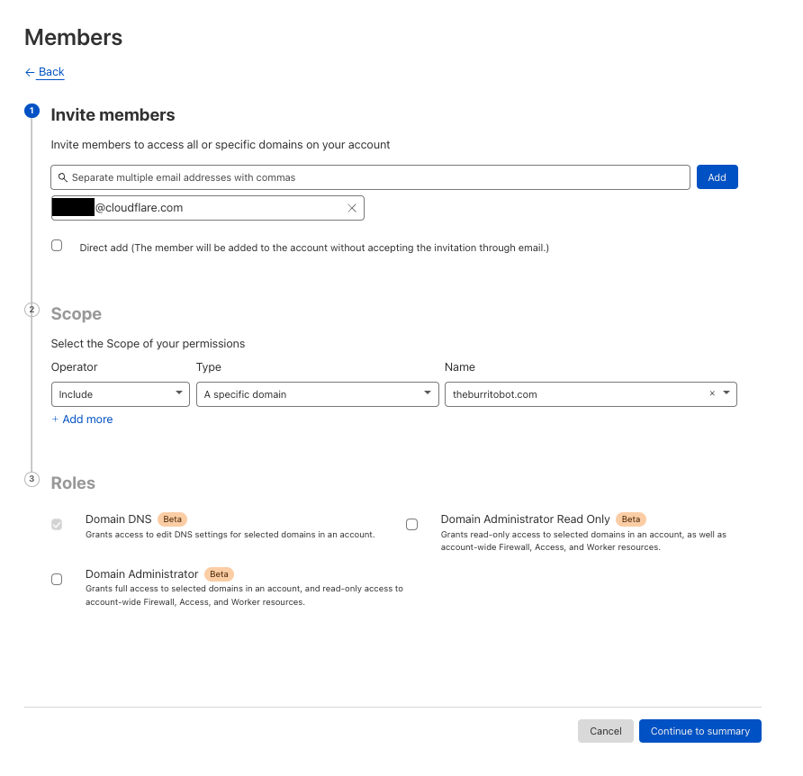 Membership invitation page with users, scope, and role selection.