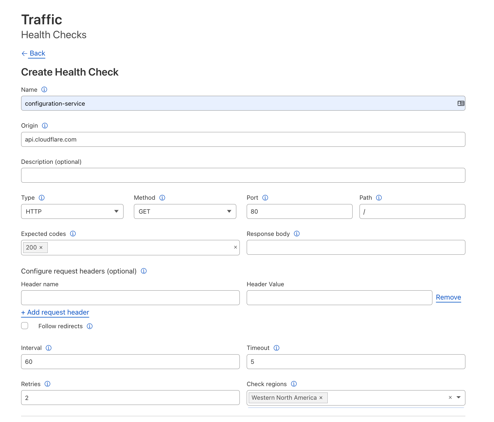 Health Check creation page set to monitor HTTP response codes with 200 as expected code.