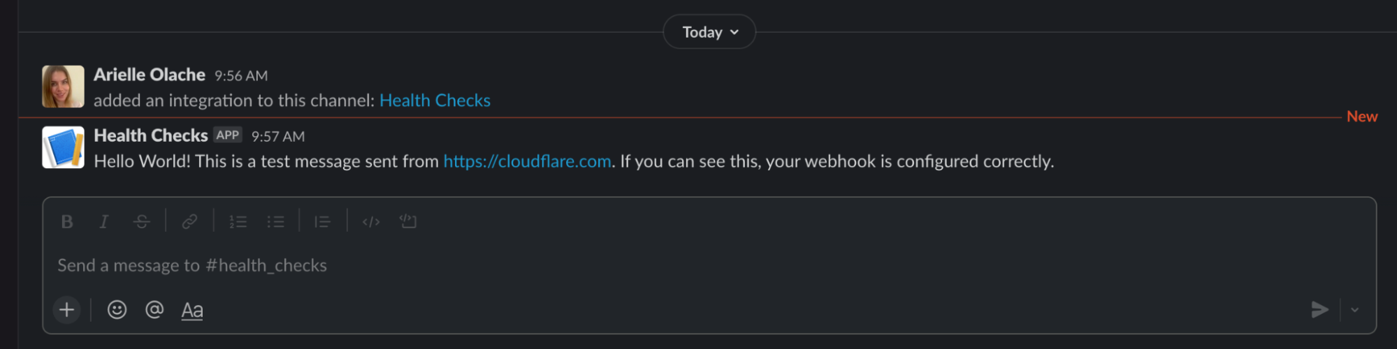 Message sent in Slack via the configured webhook, verifying the webhook is working