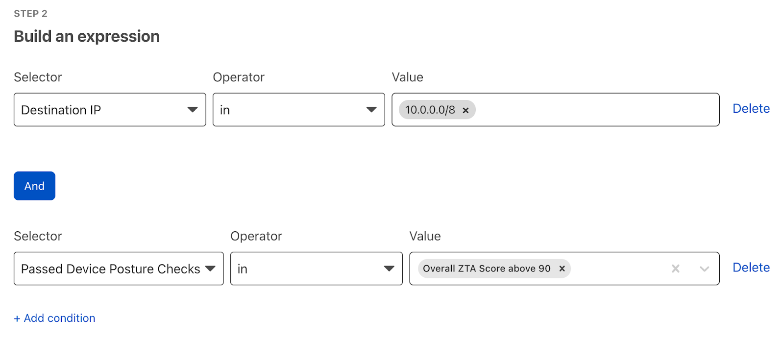 Example Gateway Network policy showing use of ZTA score to allow access to 10.0.0.0/8 cidr