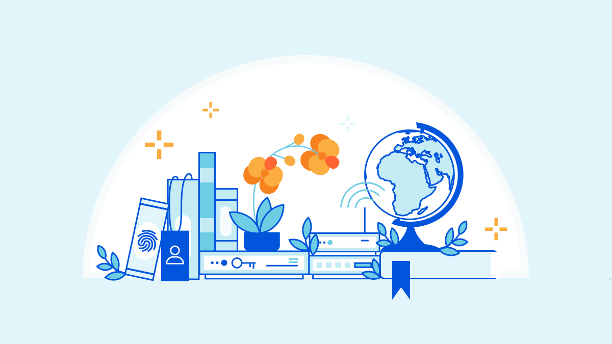 illustration of desk space with servers, flowers, books, and globe