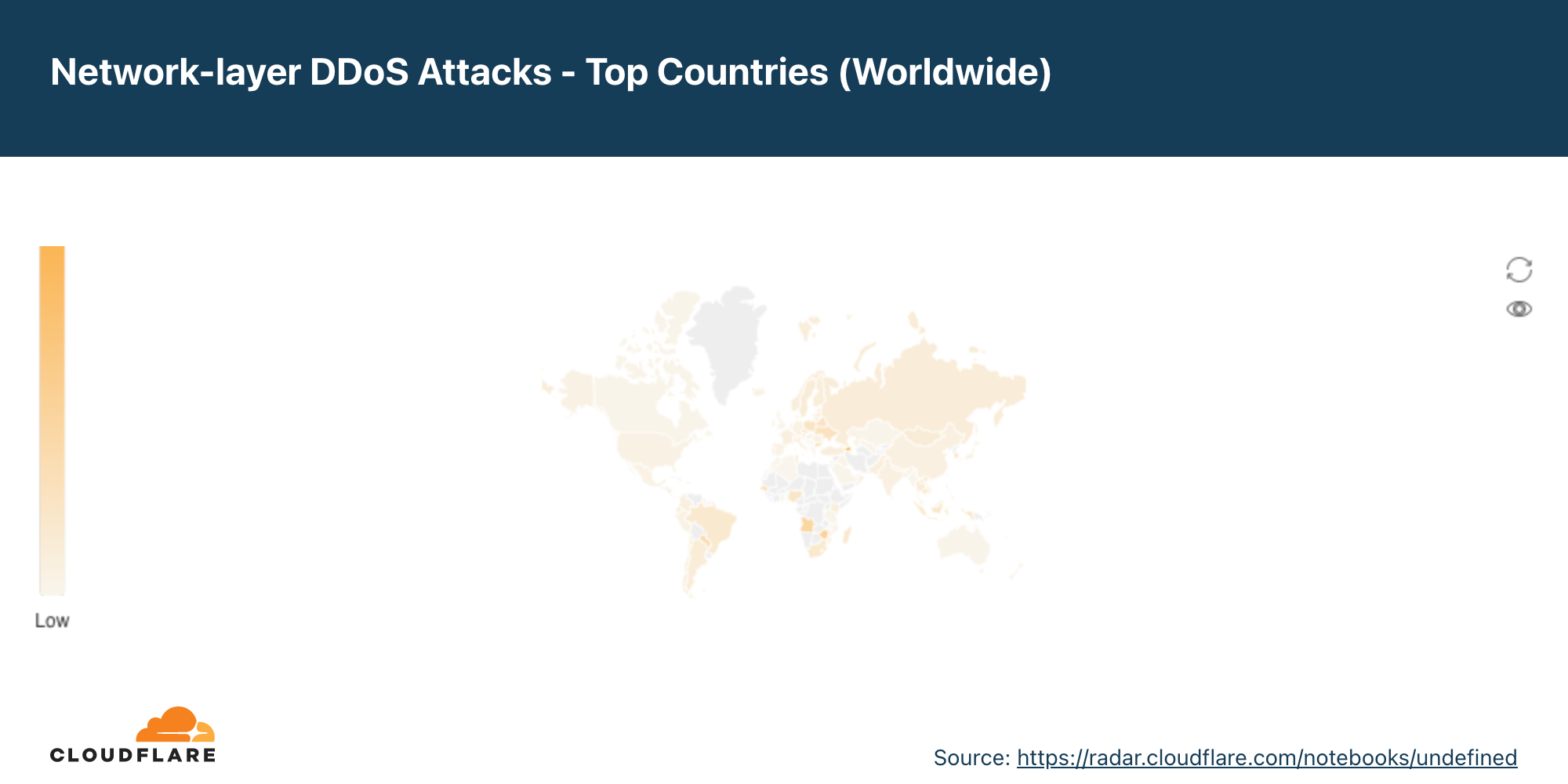 2022년 1분기 출처 국가별 네트워크 계층 DDoS 공격 분포 지도