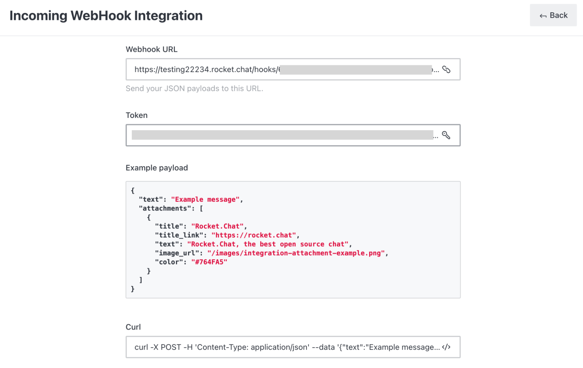 Example configuration of incoming webhook integration in Rocket Chat