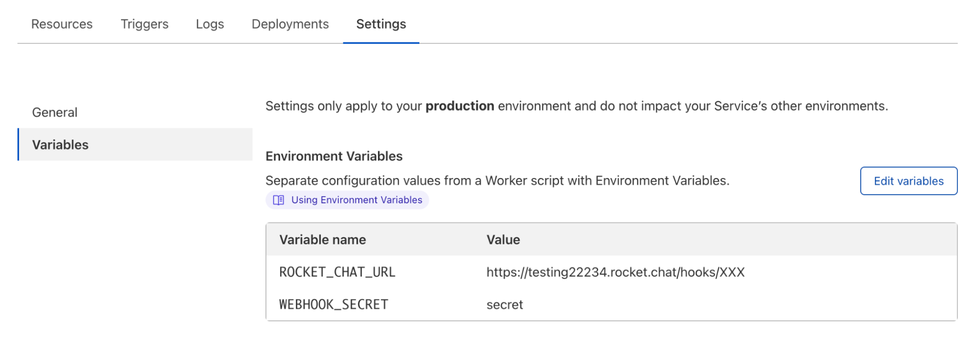 Workers environment variables configuration in Cloudflare dashboard