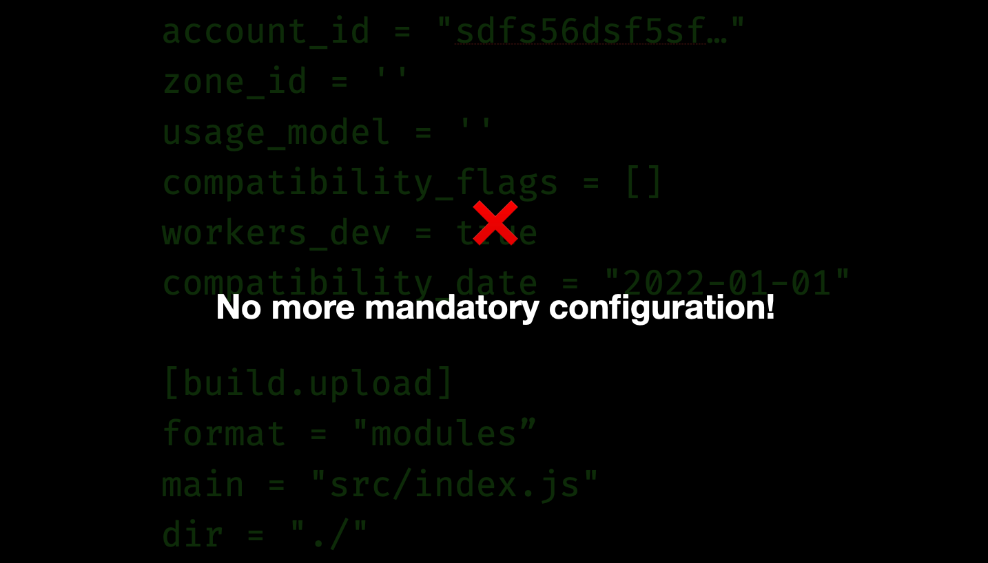 A list of fields, about 10 or so, which have been crossed out, and overlaid with the title “No more mandatory configuration!”