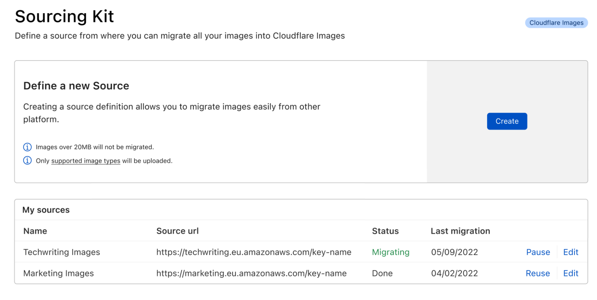 Images migration status and edit source definitions access