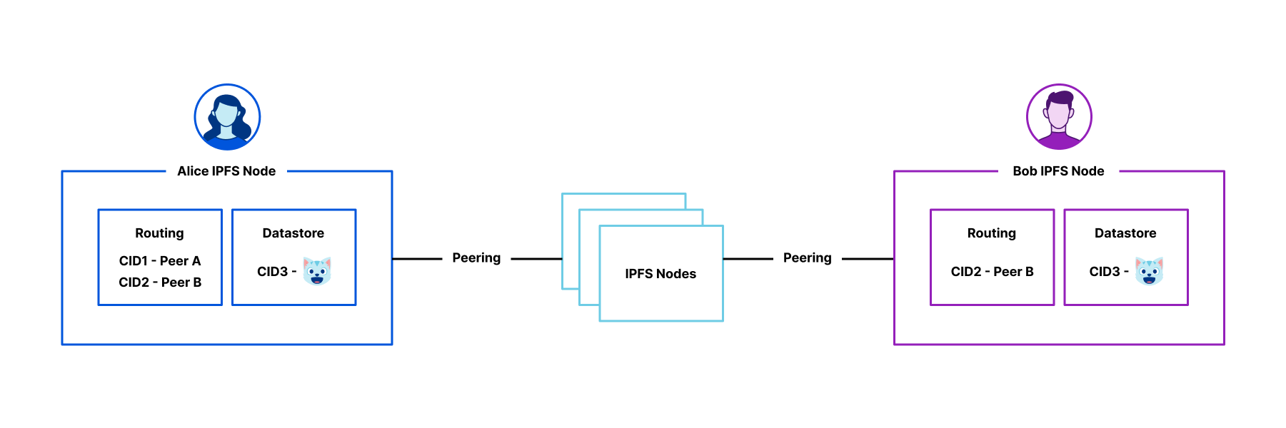 Bob has retrieved 🐱 from Alice. They now announce to the IPFS network that they are providing it.