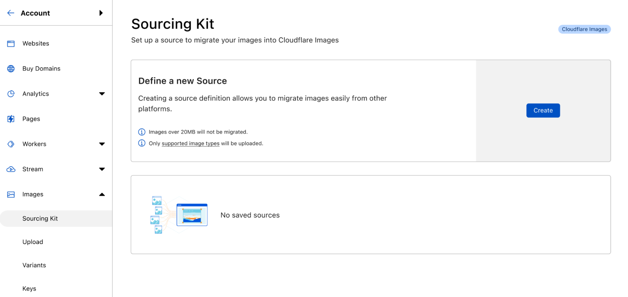 der neue Startbildschirm für das Cloudflare Images Sourcing Kit