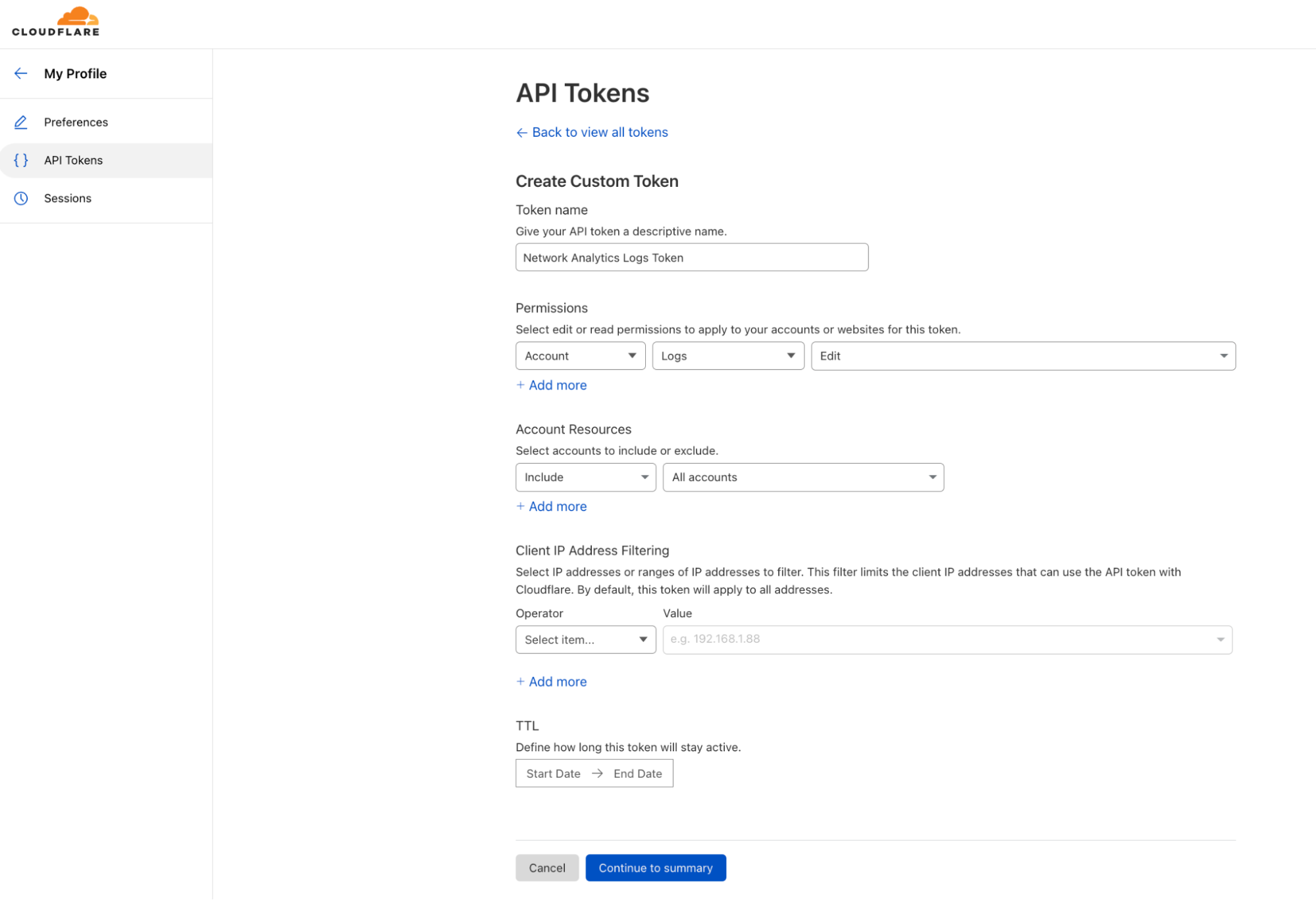 screenshot: create a new Custom API token