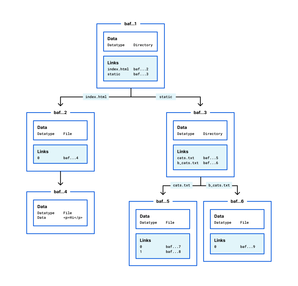 MerkleDAG for the demo website. At the root, / folder. Then, files and folders are nodes in the DAG.