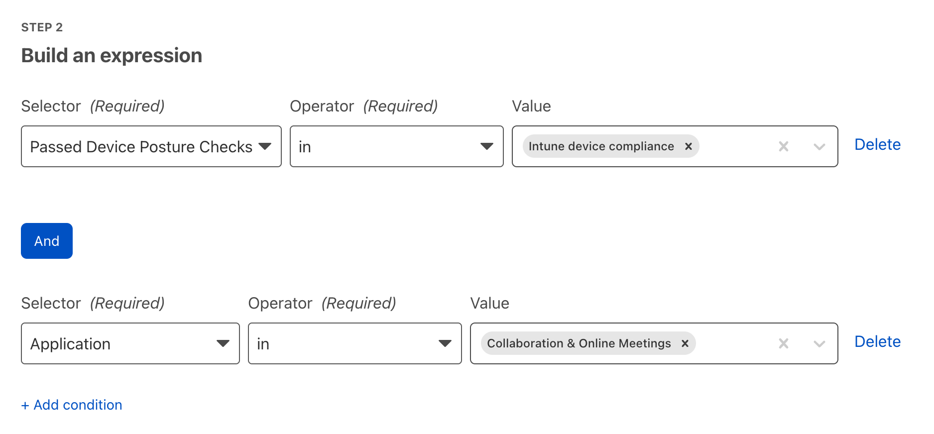 Screenshot showing the Gateway rule builder. The first rule shown is device posture check for Endpoint Manager device compliance. The second rule shown is that this applies to Applications in the Collaboration and Online Meeting category