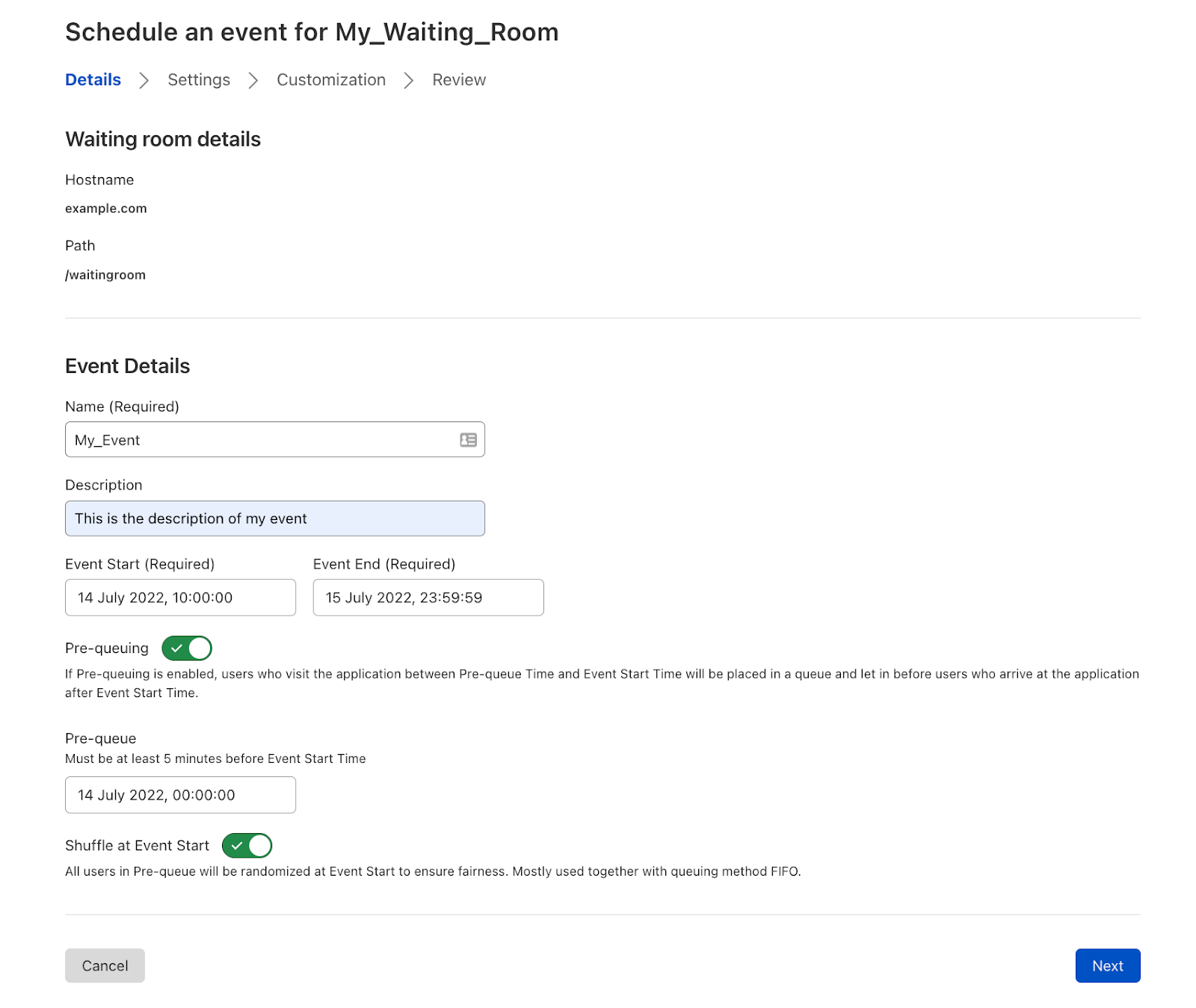 The first step in the event creation workflow–set its duration and configure an optional pre-queue.