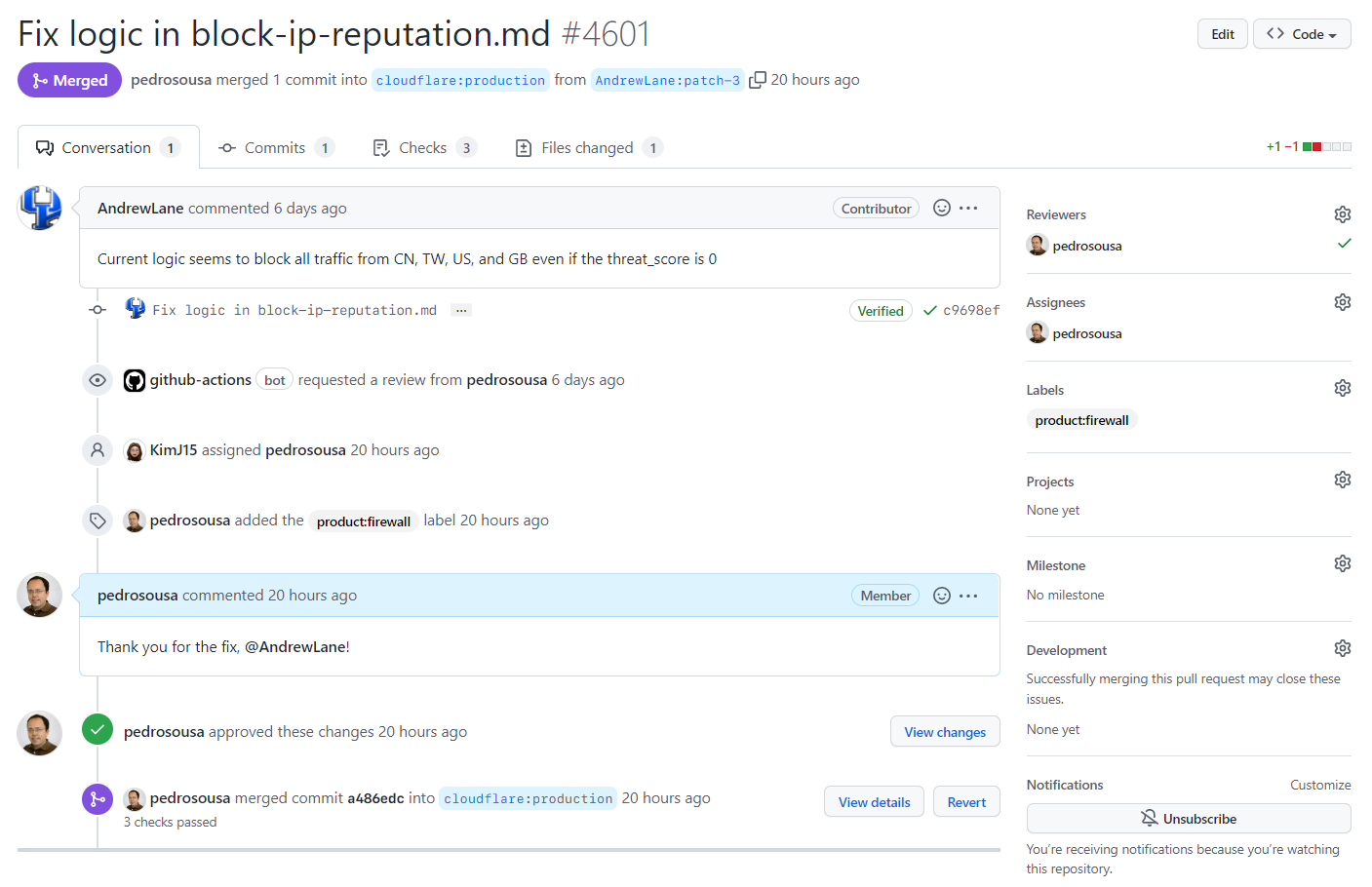 A GitHub pull request from an external contributor fixing an example in the documentation.