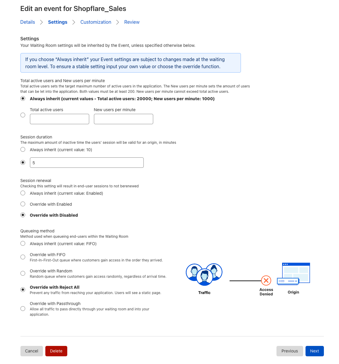 To start blocking traffic that arrives after your event has ended while giving active shoppers a few minutes more to complete their purchases, select the Reject All queuing method and disable session renewal.