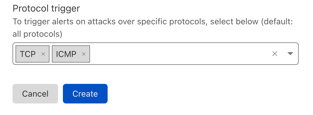 Screenshot of the Advanced L3/4 DDoS Attack Alert creation screen: selecting the protocols