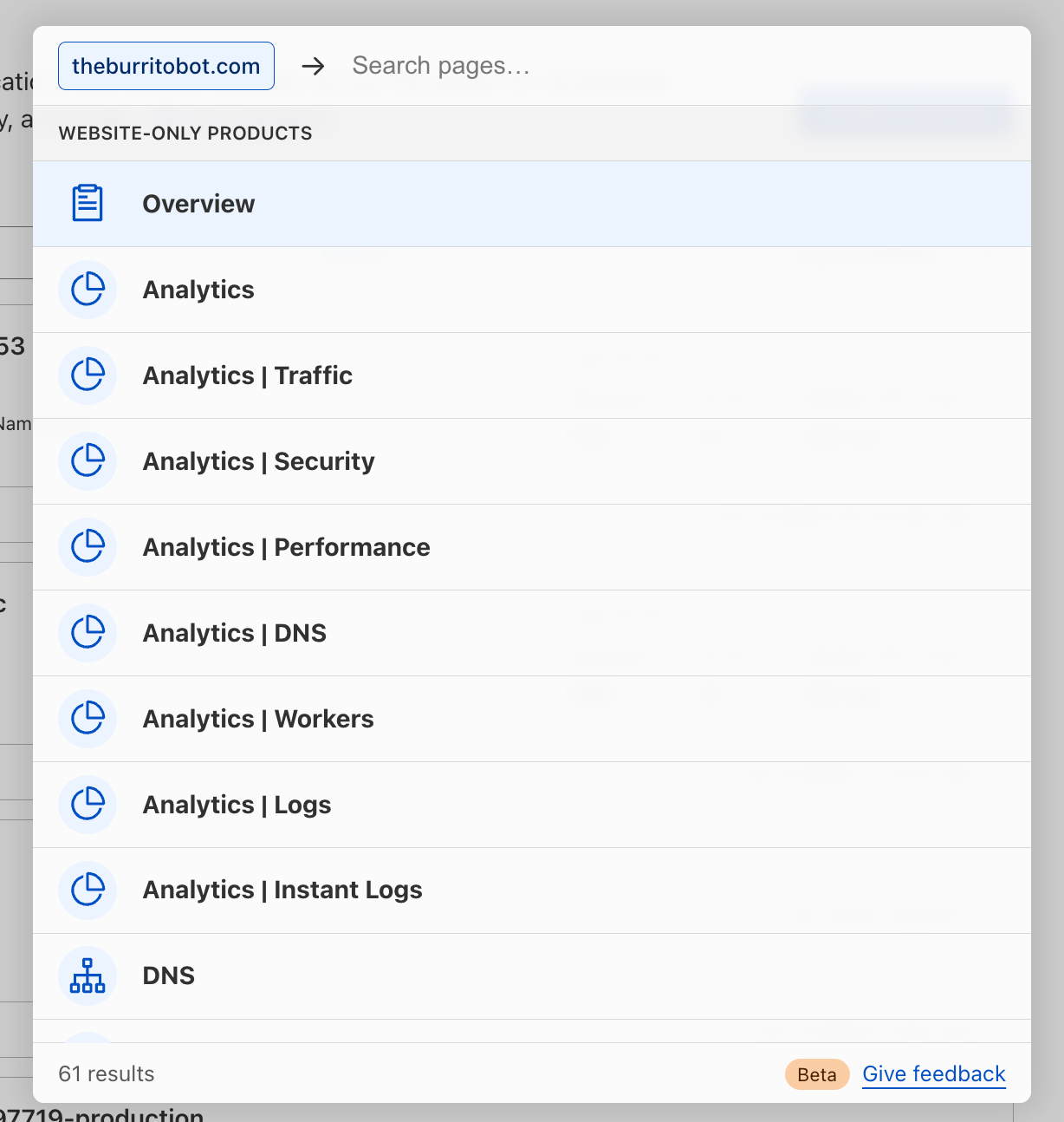 Image of quick search in the Cloudflare dashboard showing how to navigate to the product and features pages within a specific Cloudflare website or domain